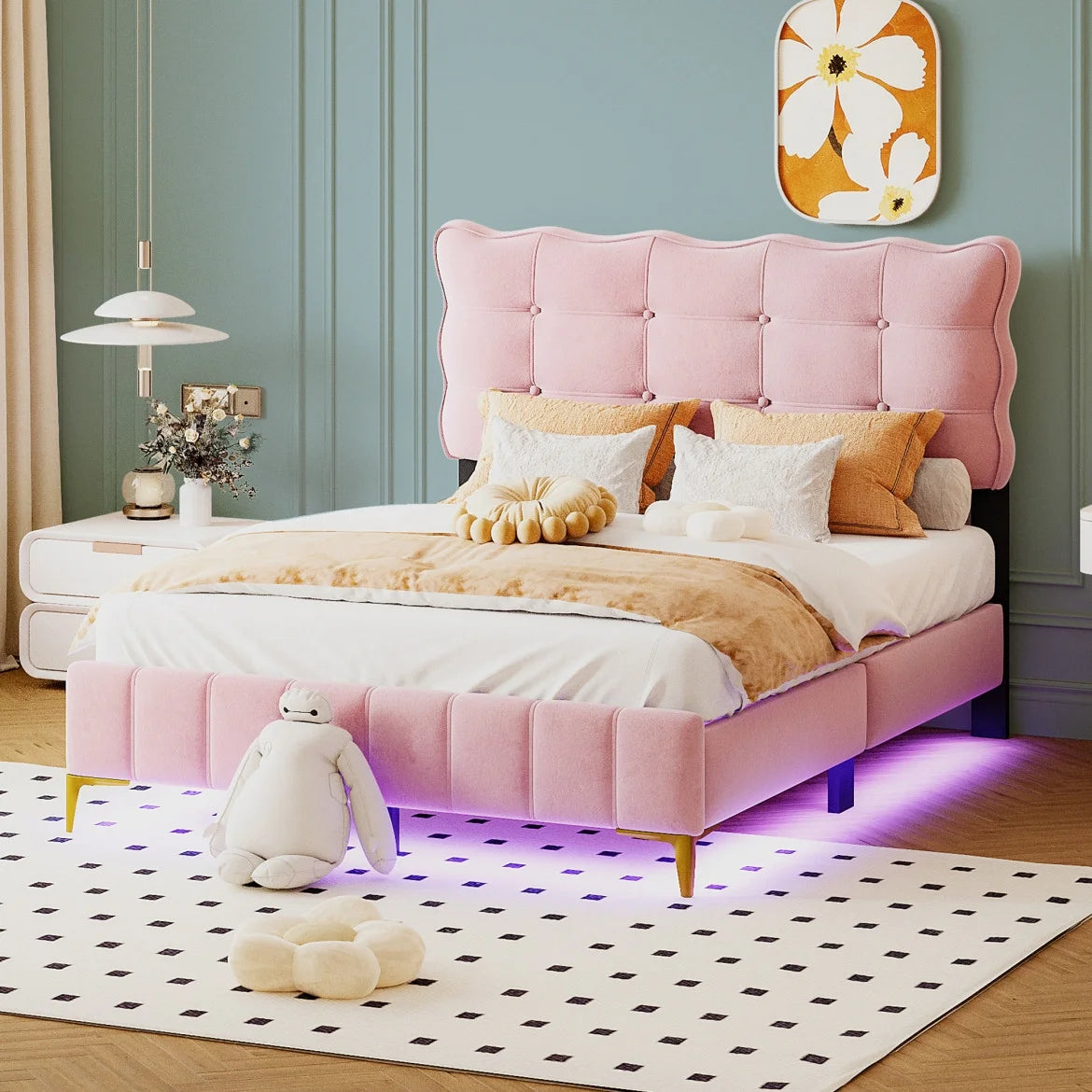 Full Size Beige Velvet Platform Bed with Headboard U48622