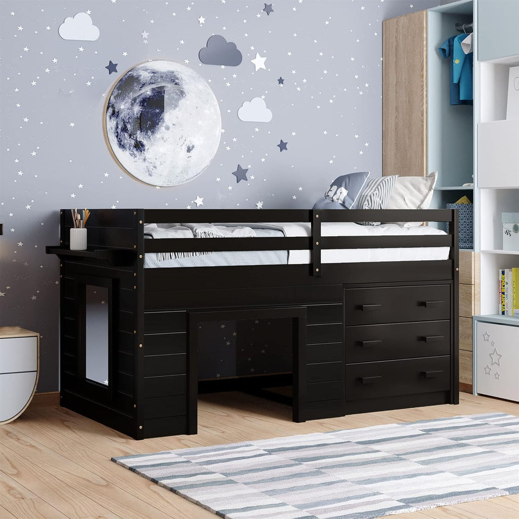 Twin Wooden Loft Bed with Storage Drawers and Cabinet T7630