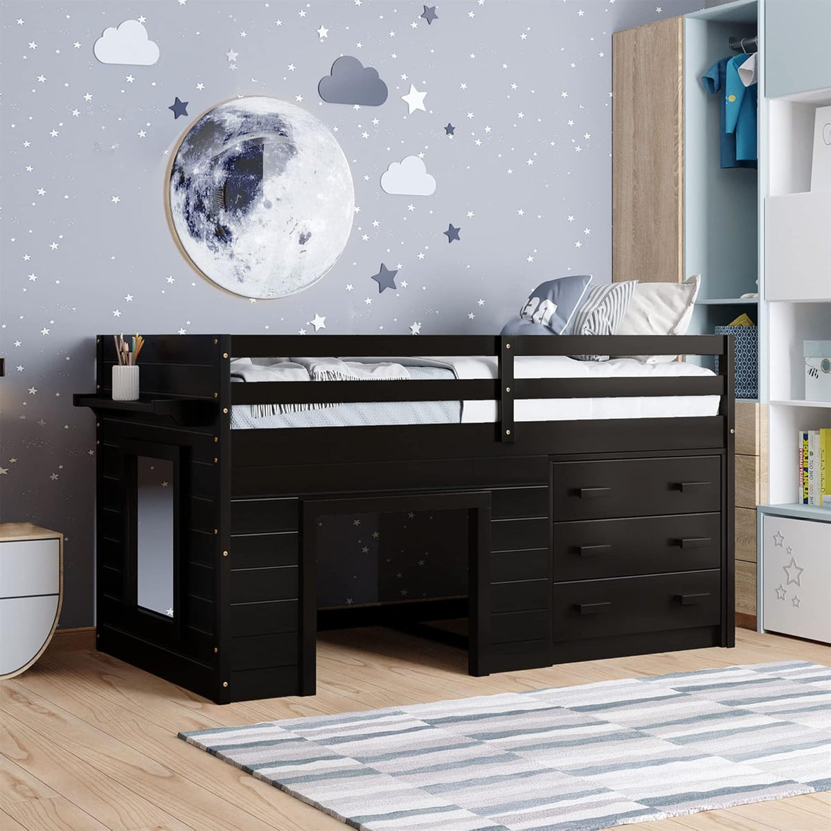 Twin Wooden Loft Bed with Storage Drawers and Cabinet T7630