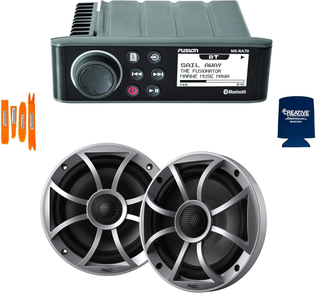 Marine AM/FM/BT Stereo with 1 Pair 6.5" Marine Coaxial Speakers, Silver Grill P2239