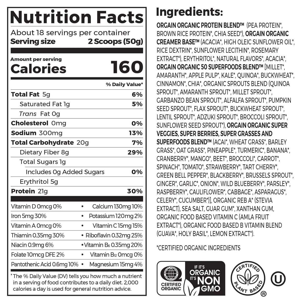 Organic Plant Based Protein Superfoods Powder Vanilla Bean 2.02 lb D931