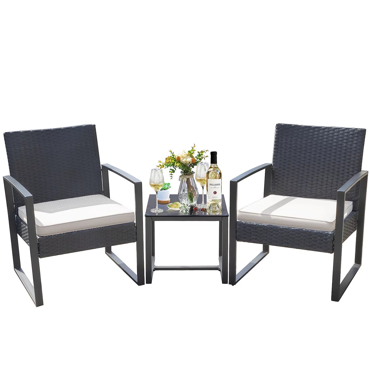 3 Pieces PE Rattan Bistro Chairs Set of 2 with Table T400899