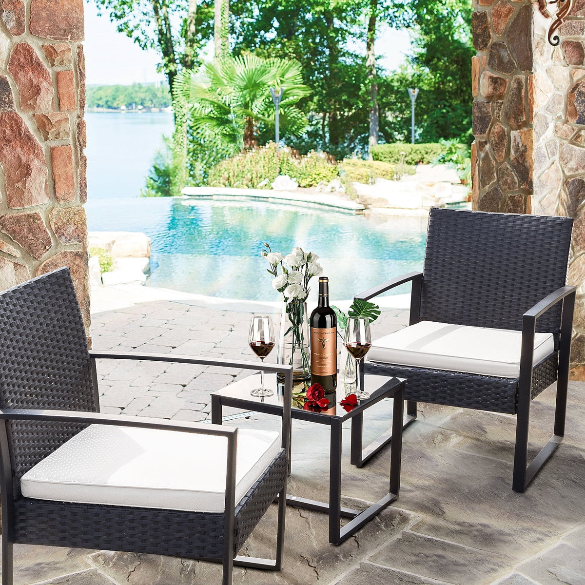 3 Pieces PE Rattan Bistro Chairs Set of 2 with Table T400899