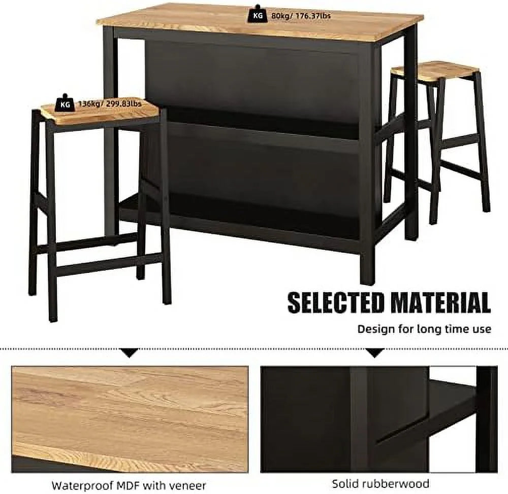 3 Piece Black Wood Dining Table Set with 2 Stools P358