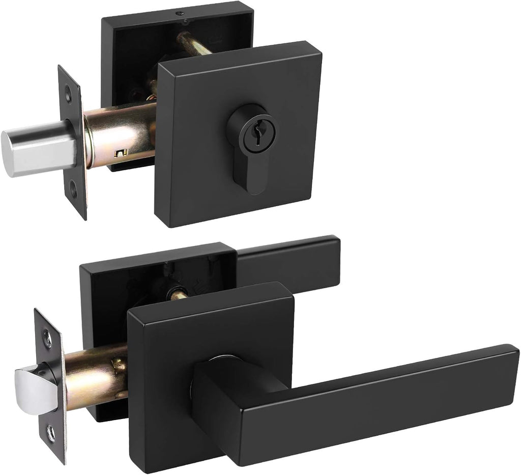 Matte Black Passage Door Lever with Single Cylinder Deadbolt Combination Set, Keyed Alike, Pack of 2 Z7877