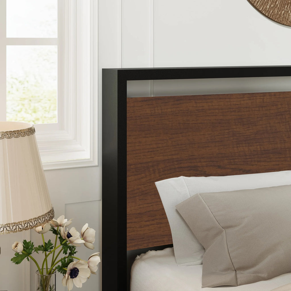 Queen Size Metal Platform Bed Frame with Wood Headboard and Footboard Z4458
