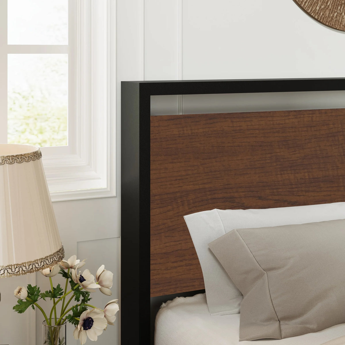 Queen Size Metal Platform Bed Frame with Wood Headboard and Footboard Z4458