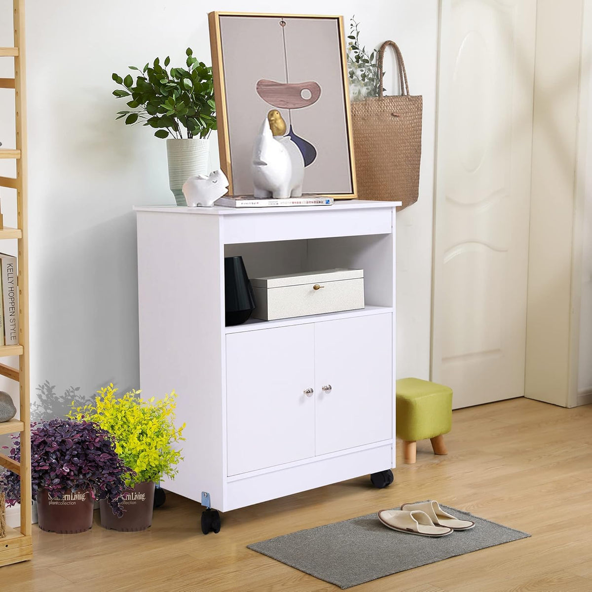 White Pack of 2 Microwave Kitchen Cart with Storage K90885