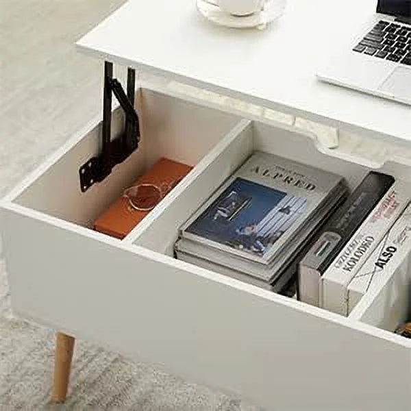 43" Lift Top Wooden Coffee Table with Hidden Storage and Open Shelves Matte White A239