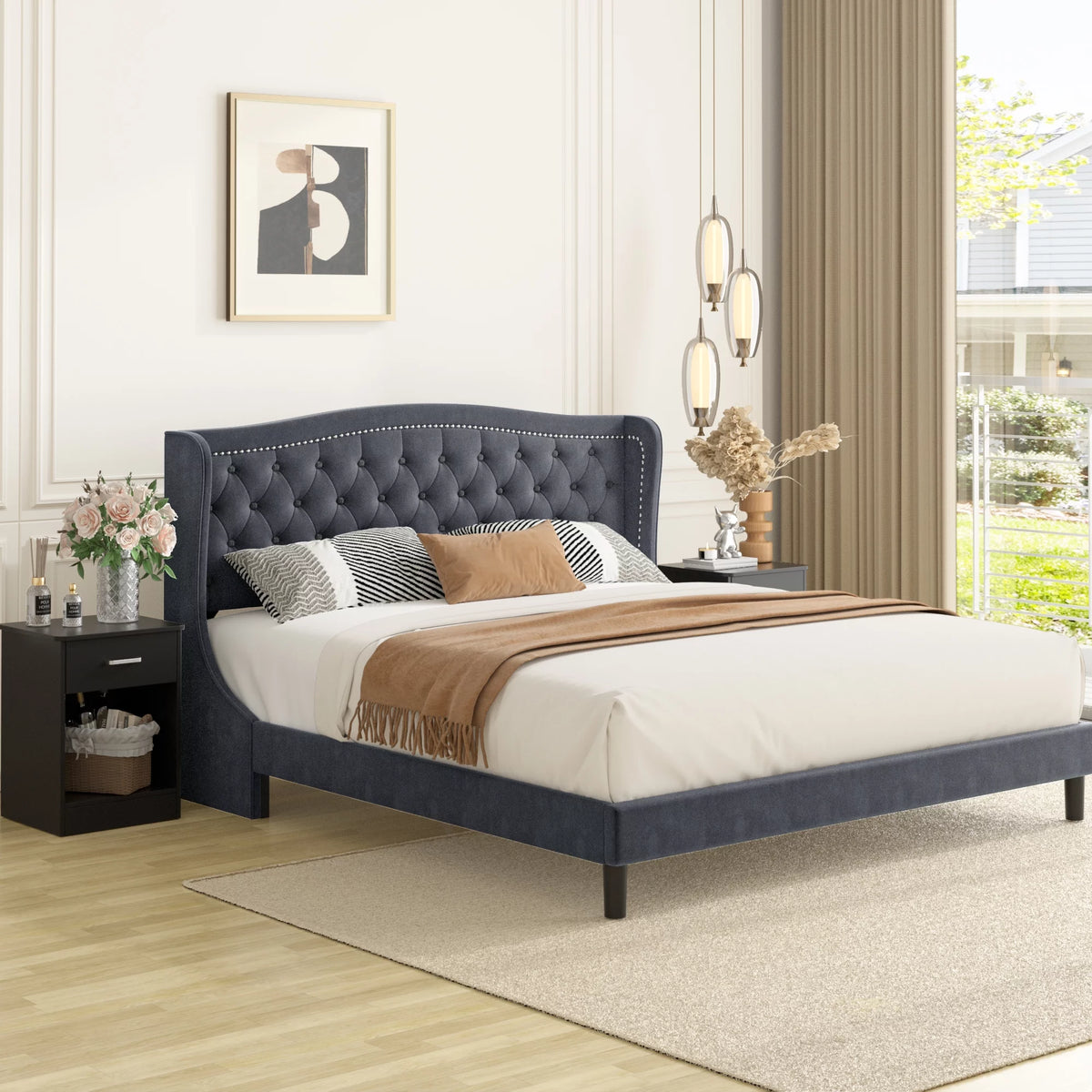 King Bed Frame with Wing-Back Button Tufted Headboard C461403