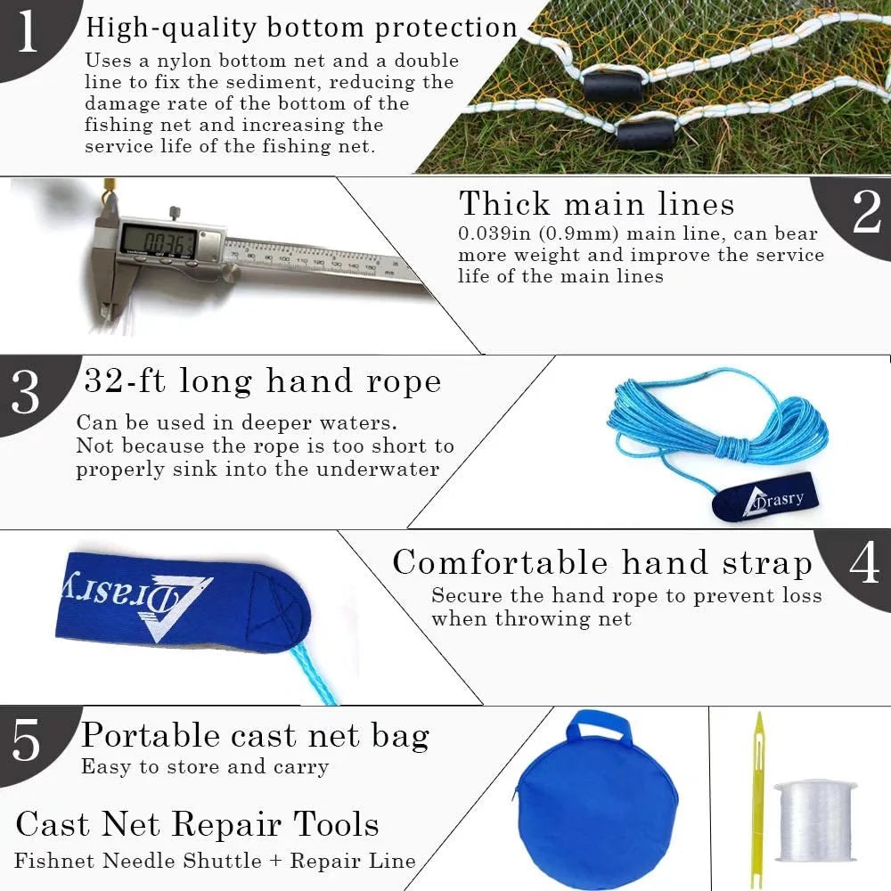 Fishing Cast Net 3/8 Mesh 4ft Bait Trap T710849