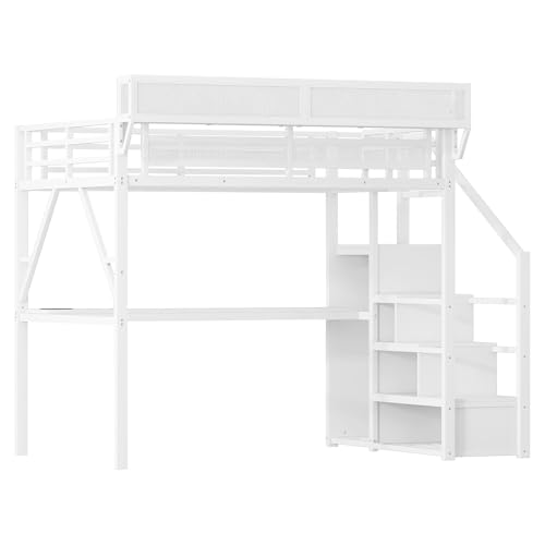 Black Full Size Metal Loft Bed with Stairs and Storage W87820