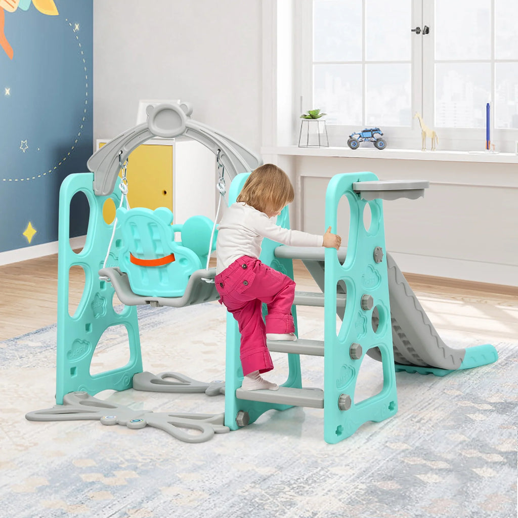 4-in-1 Toddler Climber and Swing Set with Basketball Hoop A7623