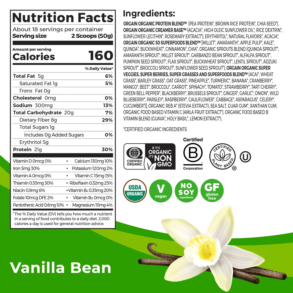 Organic Plant Based Protein Superfoods Powder Vanilla Bean 2.02 lb D931