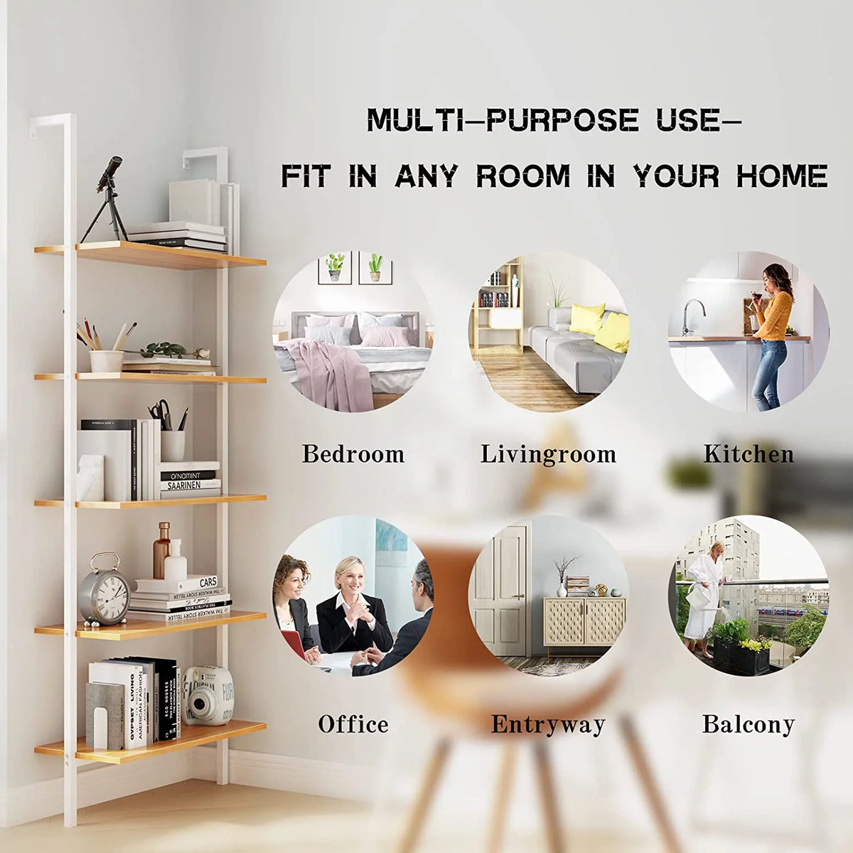 Wall-Mounted 5-Tier Bookshelf with Metal Frame W2591