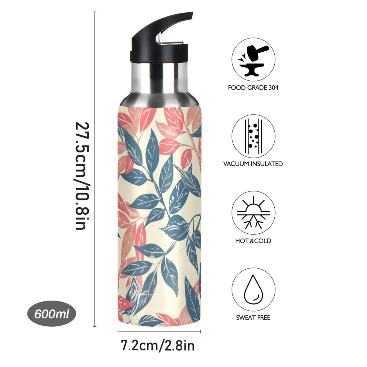 Retro Leaf Insulated Stainless Steel Water Bottle with Straw Lid 20 oz P69886