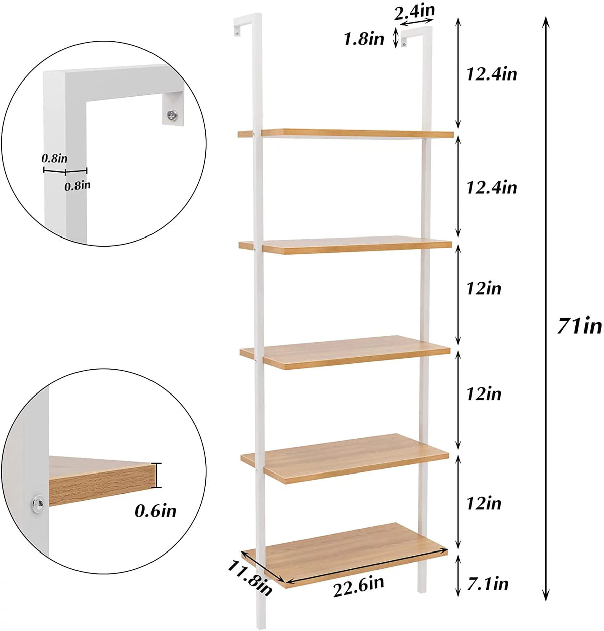 Wall-Mounted 5-Tier Bookshelf with Metal Frame W2591