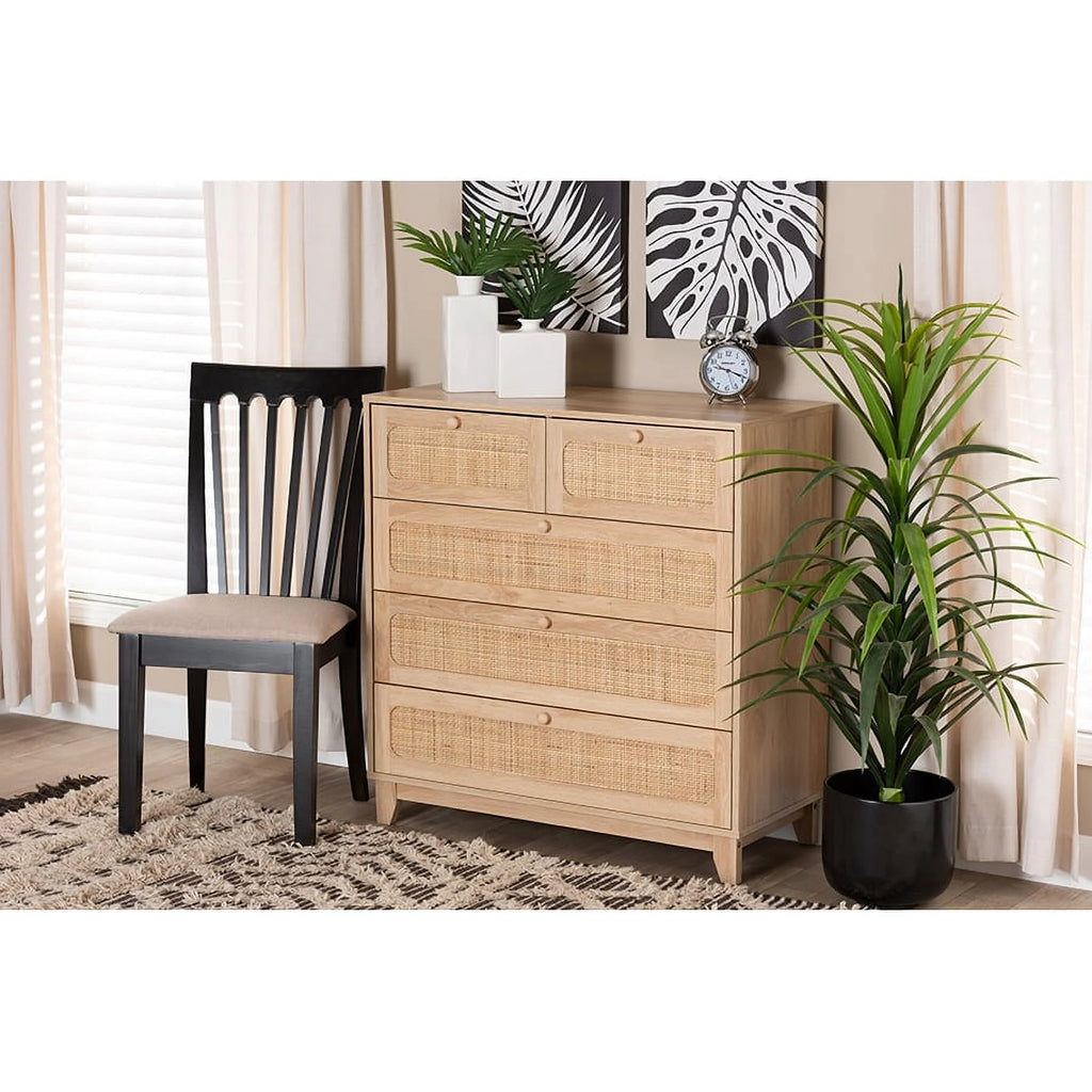 Oak Brown Wood and Natural Rattan 5-Drawer Storage Cabinet B171