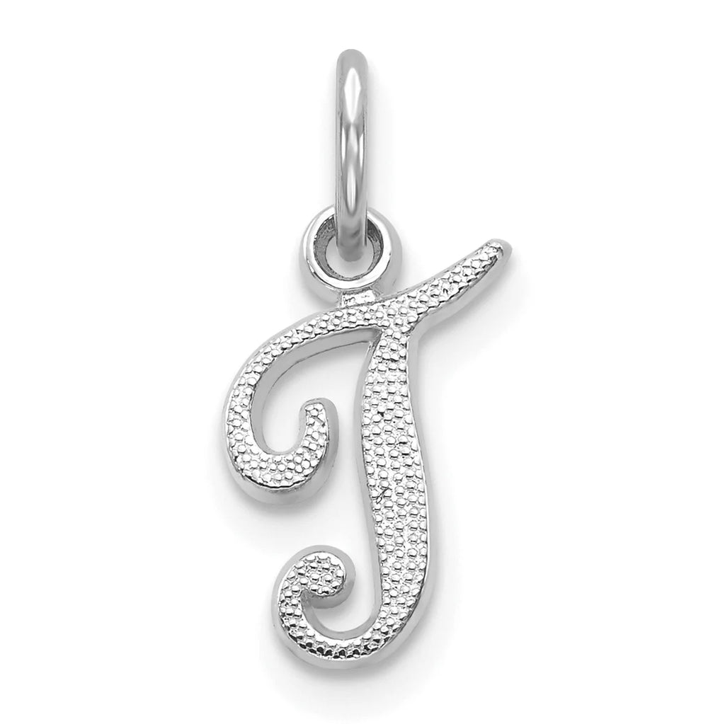 14K White Gold Polished Rhodium Plated Script Letter T Initial Pendant Charm U114