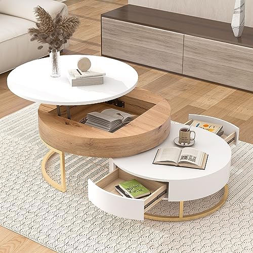 Round Lift-top Nesting Coffee Tables with 2 Drawers White & Natural Y3507