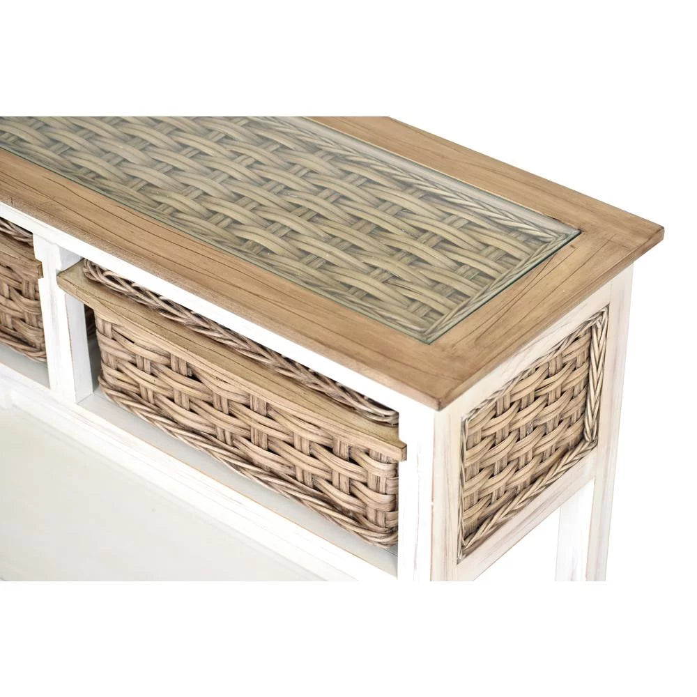 White Brown Wood Console Table with 2 Baskets T110487