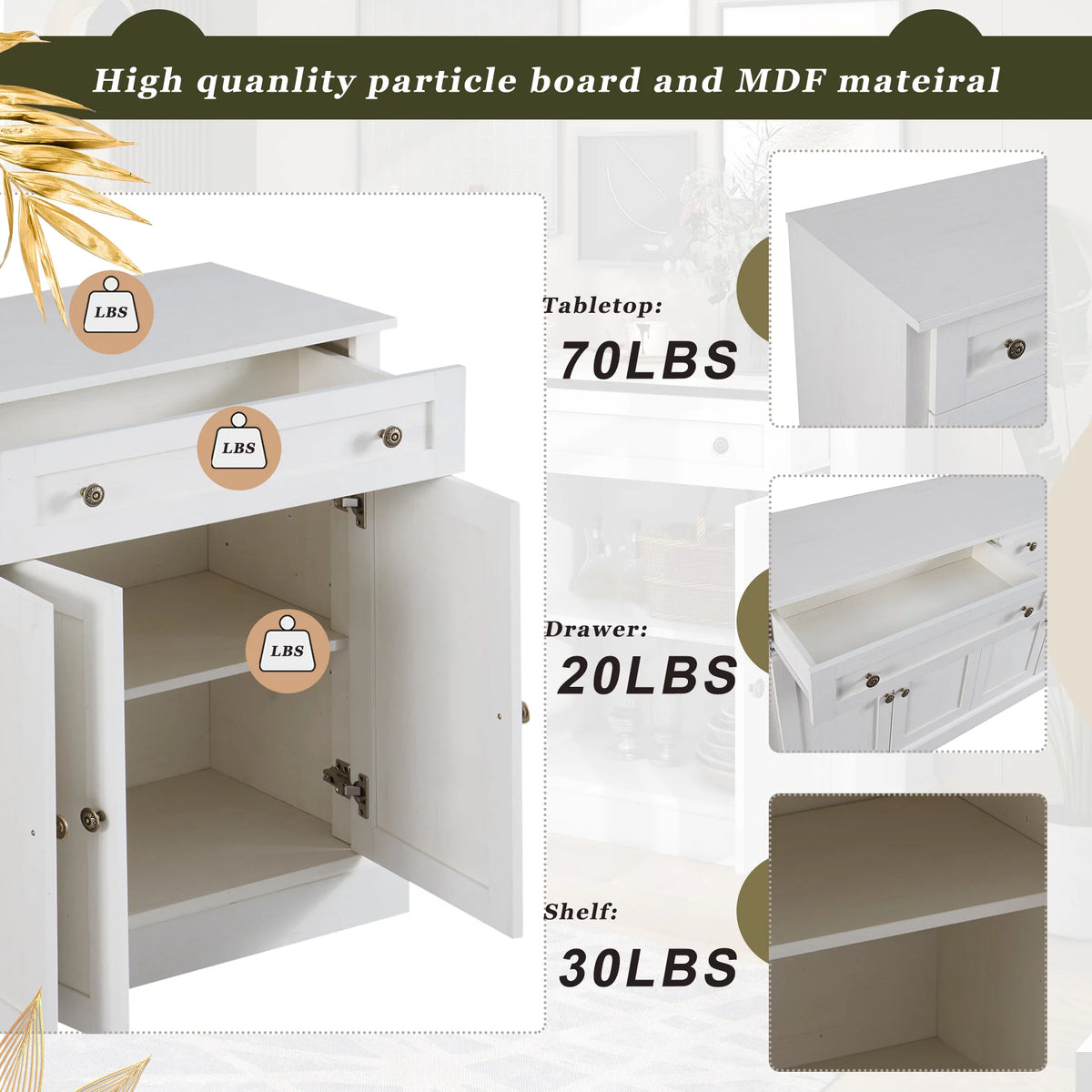 Antique White Kitchen Sideboard Buffet Cabinet with 2 Drawers & 4 Doors S88079