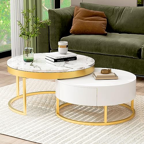 Round Lift-top Nesting Coffee Tables with 2 Drawers White & Natural Y3507